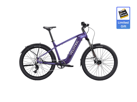 Velotric Summit 2 electric mountain bike in Galaxy Purple color, side view, against a white background.