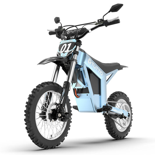Tuttio Soleil01 GB electric dirt bike in Glacier Blue, side view