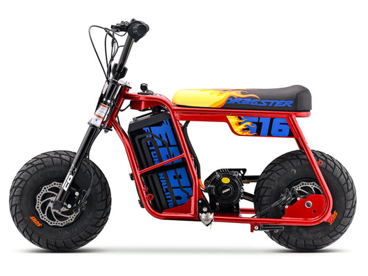 Red eMOTO Ebox Dragster 60 R electric motorcycle, side view, on a white background