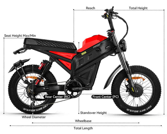 Side view of the eMOTO Freesky Cheetah MT-380 electric mountain bike, showcasing its sturdy frame, thick tires, and front suspension fork.