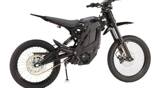 Side view of the eMOTO eRide Pro SS 3.0 Electric Dirt Bike in black, showcasing its frame, suspension, and off-road tires against a plain background.