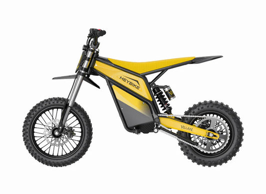 Heybike Villain electric mountain bike in yellow, side view, showcasing rugged frame and fat tires