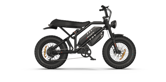 Metallic black eMOTO RAEV Bullet GTX electric bike with 1500W motor, dual suspension, and moto-style design, side view