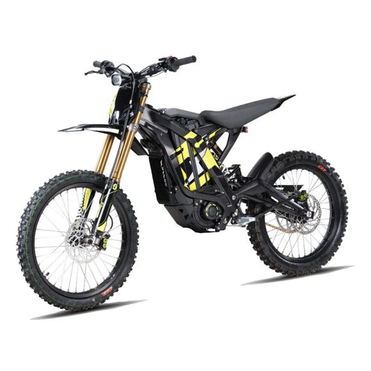 Black Surron Light Bee X electric dirt bike, side view, on a white background