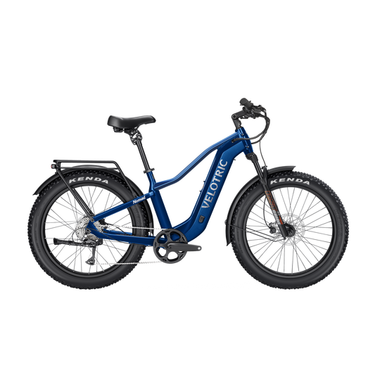 Velotric Nomad 2 eBike in Midnight Blue, high step frame, side view, studio background