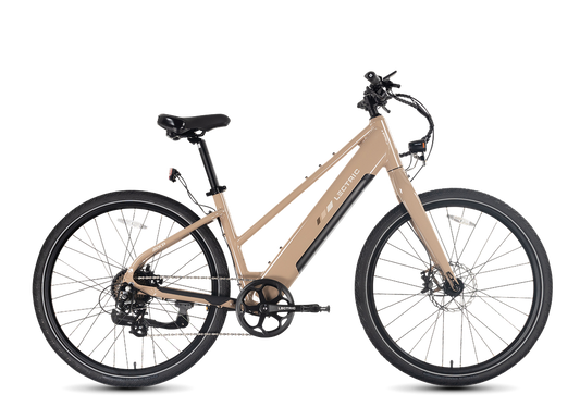 Lectric XPress Lite electric bike in Toasted Marshmallow color, side view, against a white background