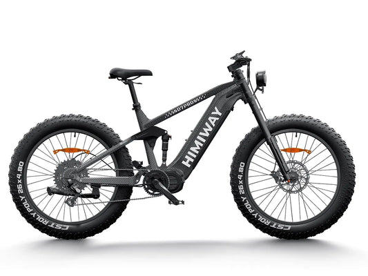 A black Himiway D7 King electric bike with fat tires, front suspension fork, and rear cargo rack, displayed on a white background.