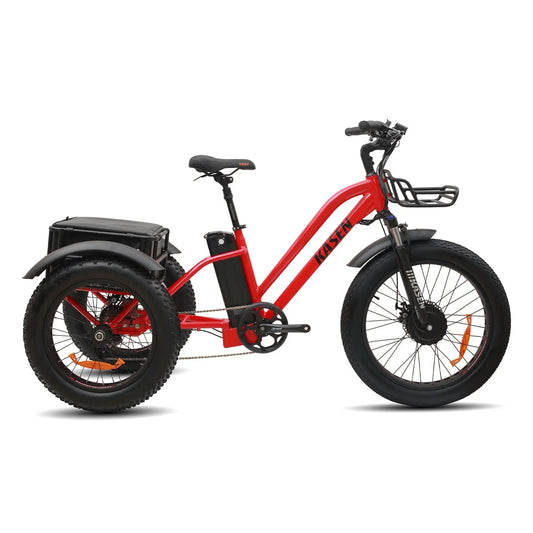 Red KASEN Trike 500W electric trike with 20x4 fat tires, three wheels, and step-through frame