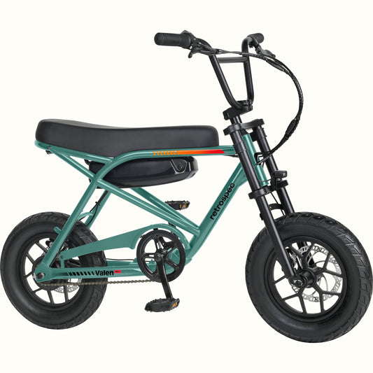 Retrospec Valen Rev 14 electric bike in Cypress Blue, side view, against a white background