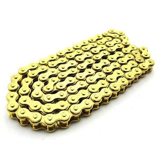 Stomp Ebox Dragster 108-link heavy duty gold eMOTO chain, factory sealed, displayed on a white background