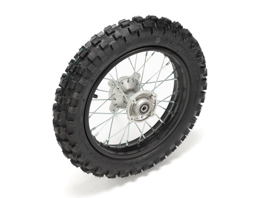 12-inch Stomp Ebox rear wheel with knobby off-road tire, black rim, and silver spokes, shown against a white background.