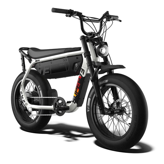 SUPER73 MY25 M1D SE Baja electric bike, front view, 1300x resolution, black and silver color scheme, rugged tires, modern design