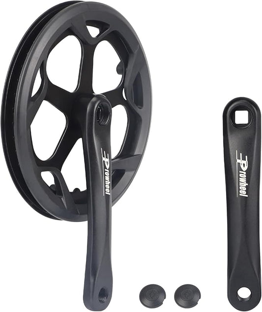 A close-up view of a Prowheel bicycle crankset, featuring dual chainrings and lightweight alloy crank arms, designed for efficient power transfer on road or mountain bikes.