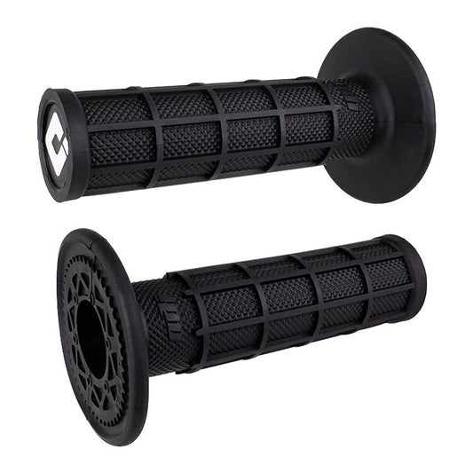 Black ODI full waffle eMOTO grips, product image showing a pair of black textured handlebar grips.