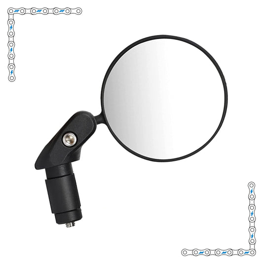 A close-up image of an eBike mirror designed for electric bikes, showing its adjustable arm and reflective surface attached to a bicycle handlebar.