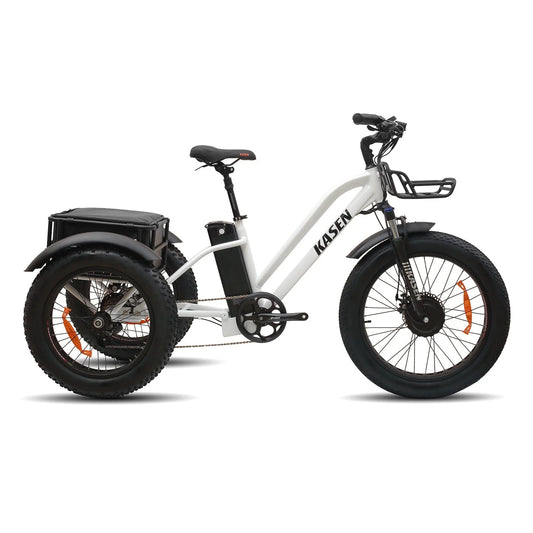 White KASEN Trike 500W electric trike with 20x4 fat tires, three wheels, and step-through frame
