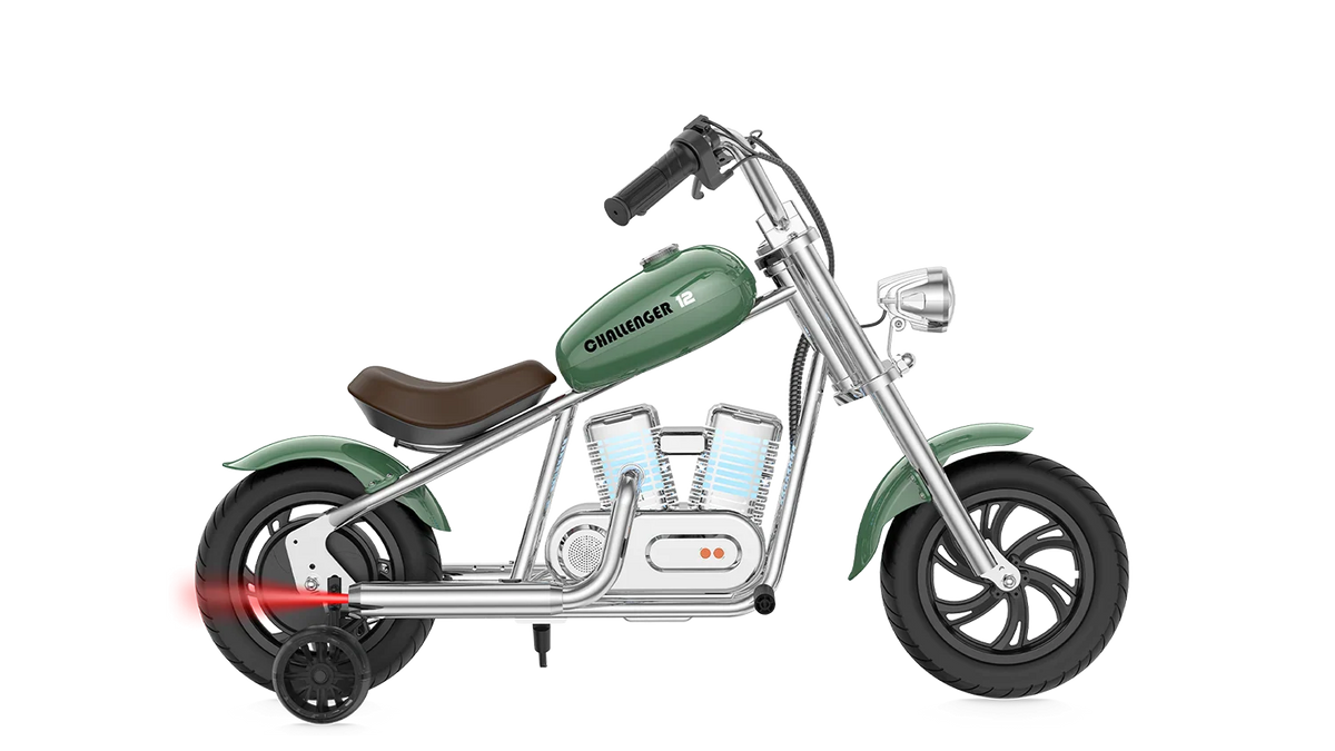 Green eMOTO Hyper Gogo Challenger 12 Plus electric bike with training wheels, shown in profile, featuring app connectivity