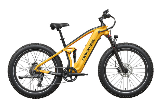 Black and yellow Mokwheel Obsidian 2.0 Step Over eBike, side view