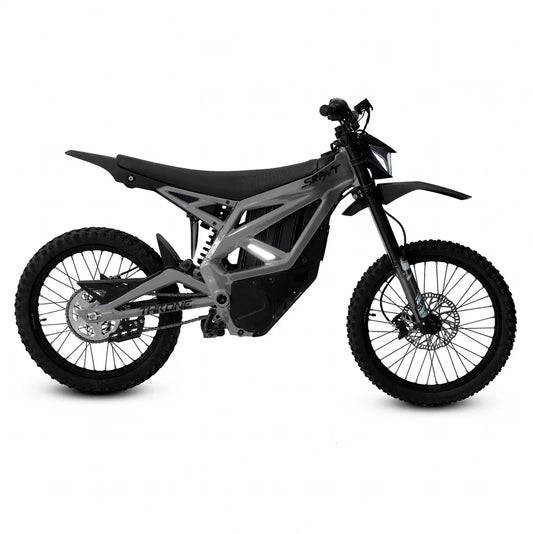 eMOTO Strike SRPNT X3 electric motorcycle in Graphite Gray, side view, parked on a plain background