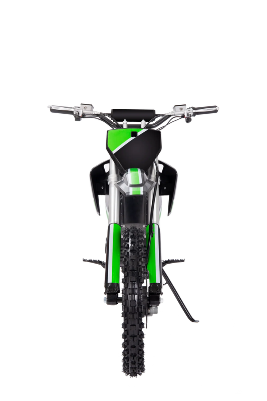 A black eMOTO eBike Drift Hero 5000w dirt bike with rugged tires, sturdy frame, and front suspension, displayed on a white background.