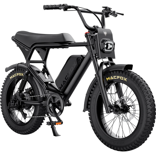 Electric bike Macfox X2 with single battery and fenders, side view, black frame, displayed on a white background.
