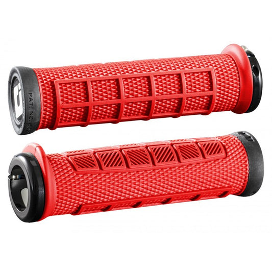 Red ODI Elite Pro eBike grips, textured handlebar grips with ergonomic design, shown in a close-up product image.