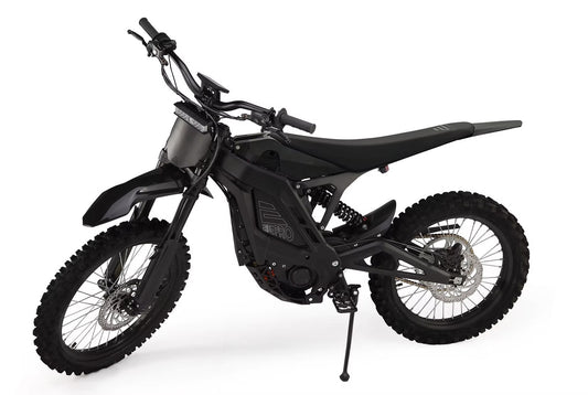 eMOTO eRide Pro SR Electric Dirt Bike in black and red, 72v 3600WH battery, e-moto style eBike, side view on white background