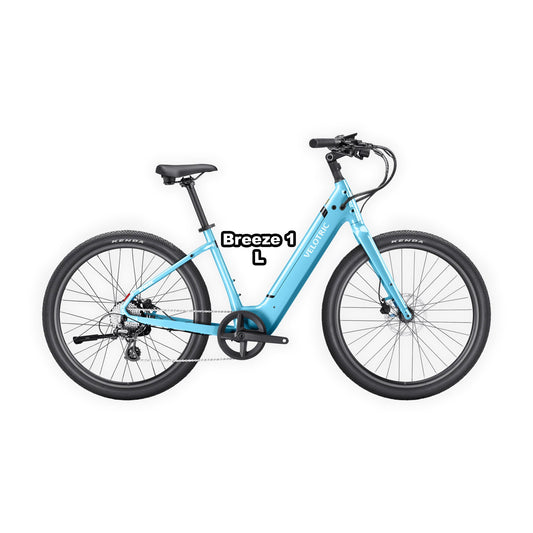 Large-frame Velotric Breeze 1 eBike in Ocean Mist color, shown in its original packaging box.