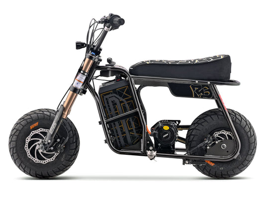 eMOTO Stomp Ebox Dragster RS electric dirt bike, side view, black and green color scheme, displayed on a white background