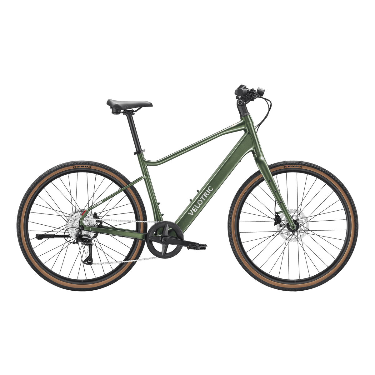 Velotric Tempo High Step eBike in Forest Evergreen color, side view, displayed outdoors