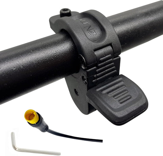 Macfox ebike thumb throttle, close-up view showing black ergonomic design and attached wiring