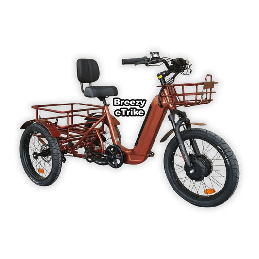 Copper-colored eBike Breezy electric trike packaged inside its original box, showing the trike securely placed for shipping.