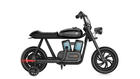 Black eMOTO Hyper Gogo Pioneer 12 Plus electric bike with training wheels, side view