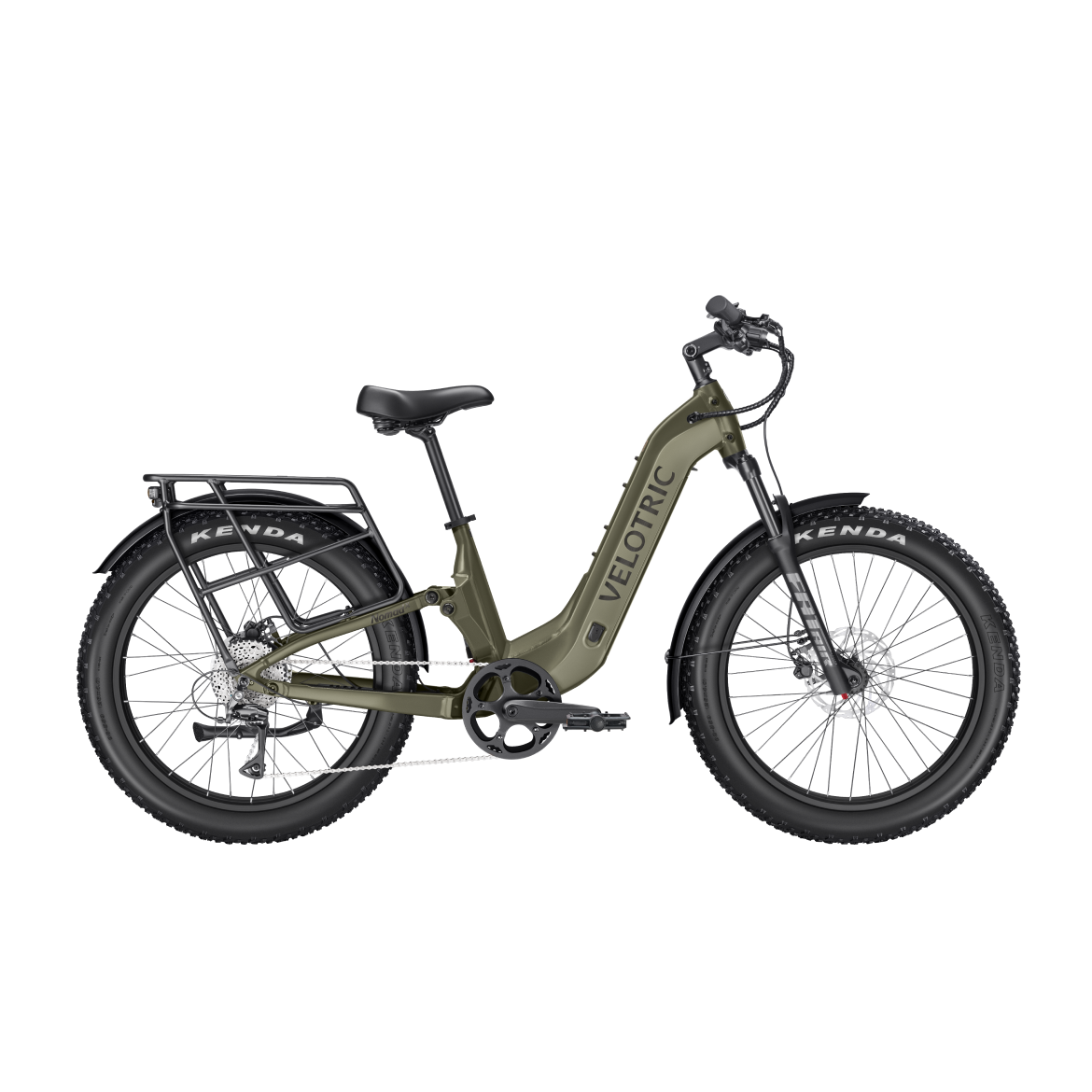 Velotric Nomad 2X Step-Thru eBike in Sage color, side view, against a white background
