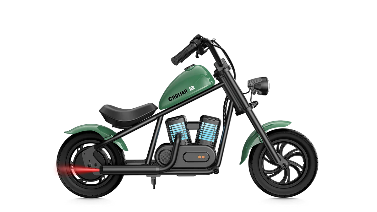 Green eMOTO Hyper Gogo Cruiser 12 Plus electric bike, side view, displayed on a white background
