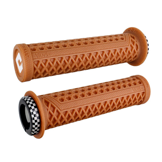 Brown Vans lock-on eBike grips with waffle pattern, shown in product image against a white background.