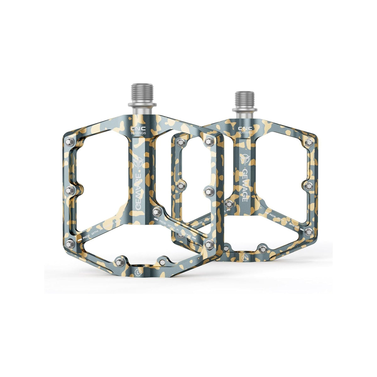 Yellow camouflage alloy eBike pedals, size 10, displayed on a white background.
