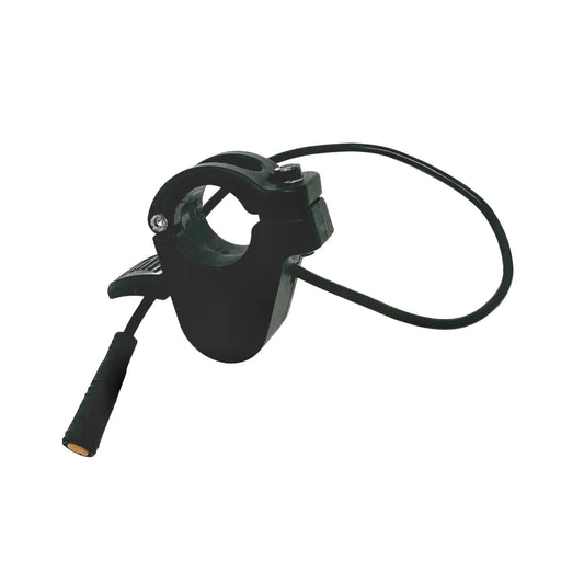 Close-up of a Super73 e-bike thumb throttle attached to the handlebar, showing the textured grip and electronic control unit.
