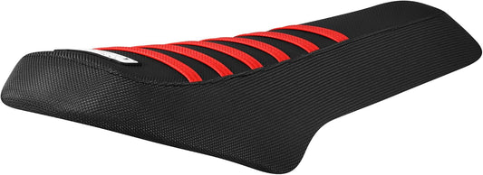 Black e-bike seat cover with red ribbed accents