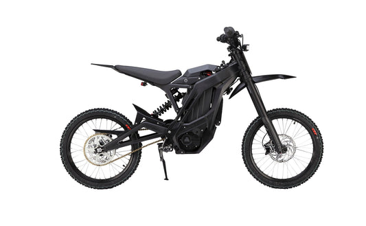A black eMOTO eRide Pro S electric dirt bike with 3000W/6000W motor, 17x3 off-road tires, and rugged frame, displayed on a white background.