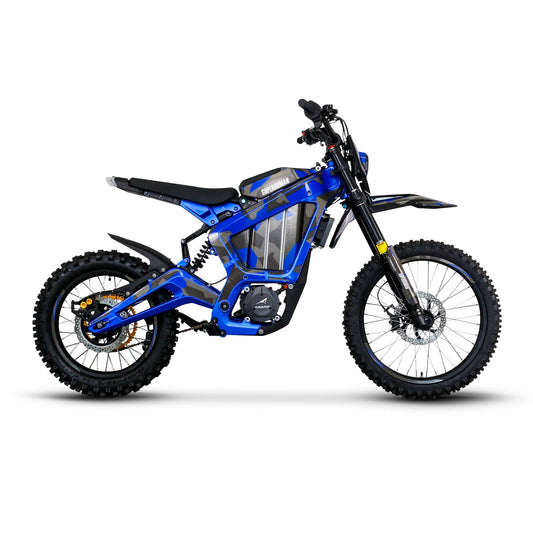 Superhuman Champ Pro M electric dirt bike in Blue, side view