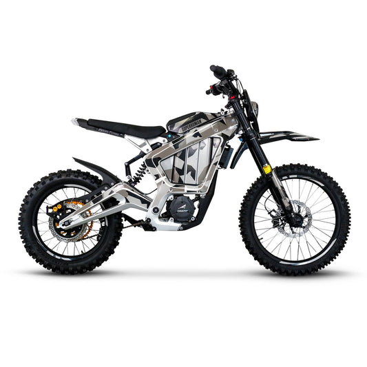 Superhuman Champ Pro M electric dirt bike in Silver, side view