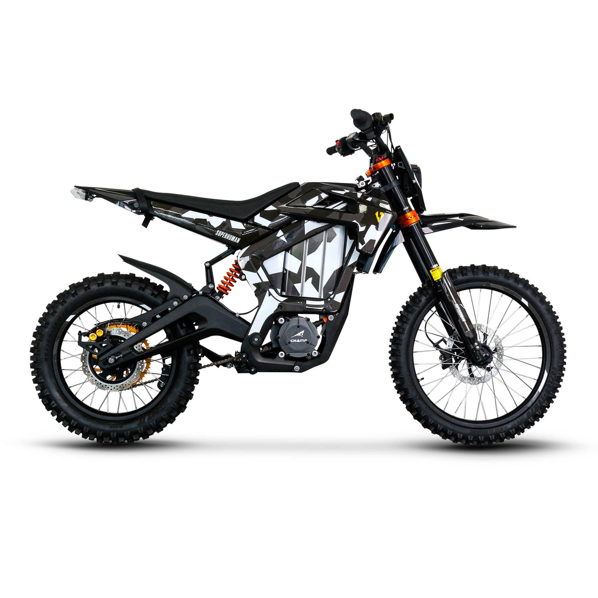 Superhuman Champ Pro R electric dirt bike in Black, side view