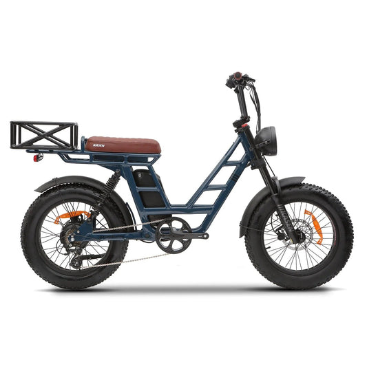 Blue Kasen Malibu eBike packaged inside a cardboard shipping box, product image showing the bike in its box.