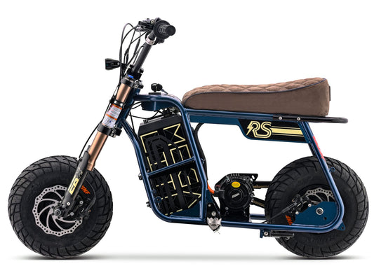 Electric dirt bike eMOTO Stomp Ebox Dragster RS in side view, featuring a sleek black and green frame, knobby tires, and modern motocross styling.