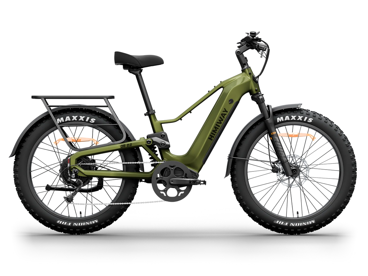 Olive green Himiway D5 2.0 electric bike, side view, showing fat tires, rear rack, and battery integrated into the frame.