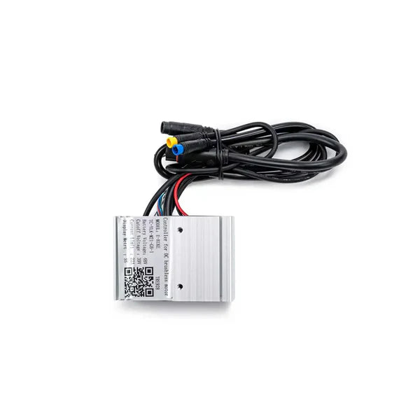 Front view of the Macfox X2 eBike Controller (new version) showing the black rectangular device with labeled connection ports and attached wiring.