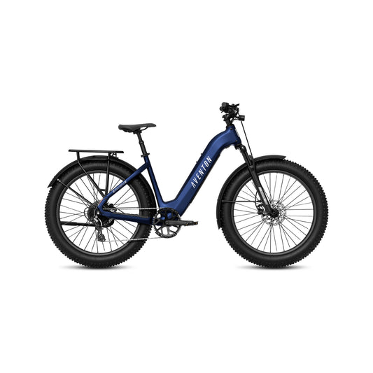 Aventon Aventure 3 Step-Thru electric bike in Cobalt Blue, side view, showcasing frame design and features.