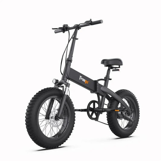 Electric folding fat tire eBike, FREEGO eFlex Raptor E1, step-over frame, 750W motor, black color, side view on white background