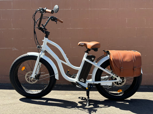 Custom White Gloss 750 w Fat Tire Electric Beach Cruiser eBikeStep Thru 24x3 Fat tire electric bike - eBike Super Shop